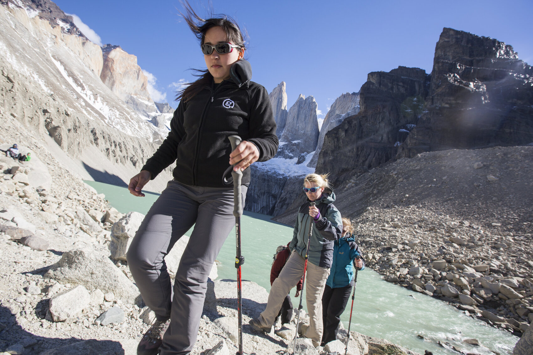 People trekking in the beautiful Torres del Paine National Park in Patagonia, Chile